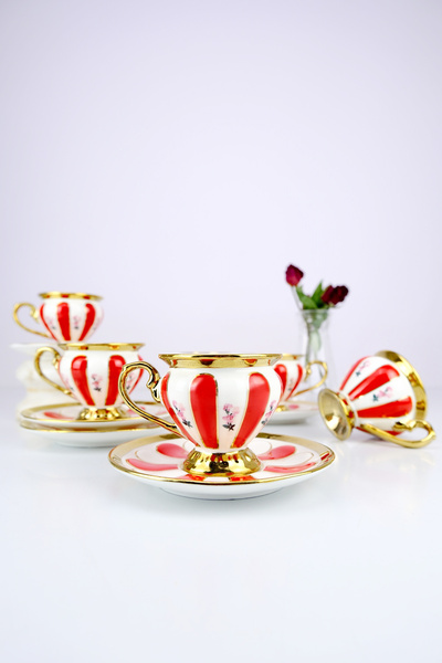 ACAR Porcelain Coffee Cup Set for 6 People - Gold Gilded Red