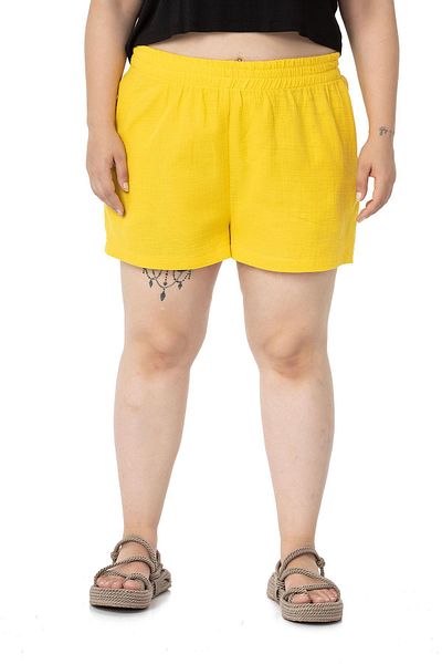 DISENTIS MODEST Plus Size Mustard Shorts with Elastic Waist and Side Pockets