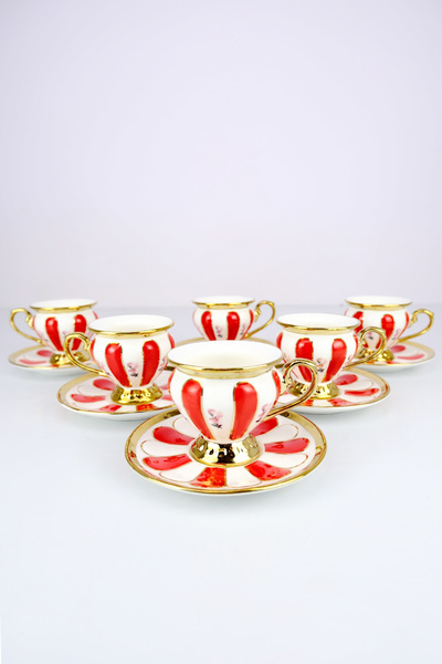 ACAR Porcelain Coffee Cup Set for 6 People - Gold Gilded Red
