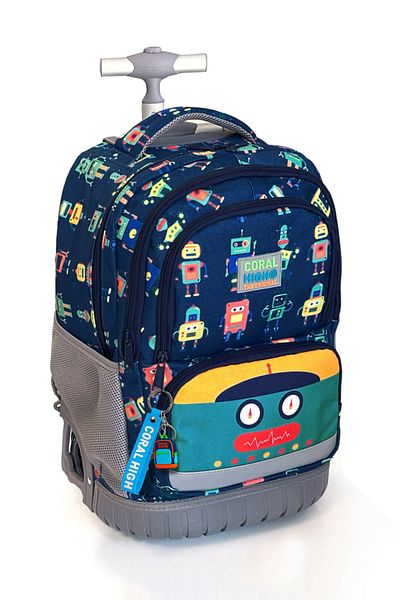 Coral High Kids Robot Patterned Navy Blue Colored Two-Stage Squeegee Backpack and School Bag 24025
