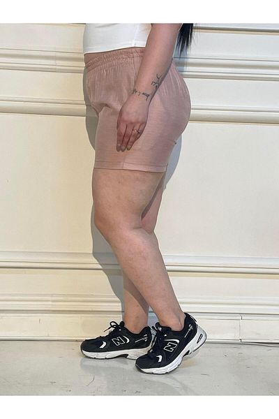 DISENTIS MODEST Large Size Elastic Waist Side Pocket Salmon Shorts
