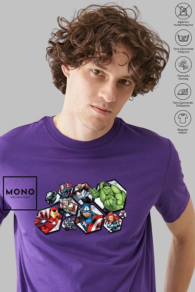 MONO COLLECTİON MONO COLLECTION Unisex Oversize Crew Neck Βαμβακερό κοντομάνικο μπλουζάκι με στάμπα χαρακτήρων Marvel