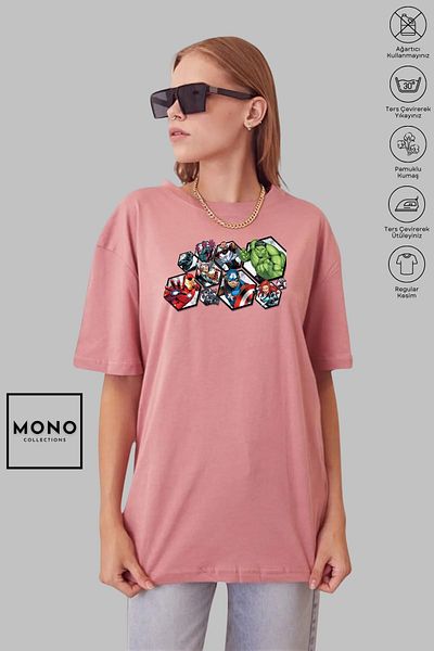 MONO COLLECTİON MONO COLLECTION Unisex Oversize Crew Neck Βαμβακερό κοντομάνικο μπλουζάκι με στάμπα χαρακτήρων Marvel