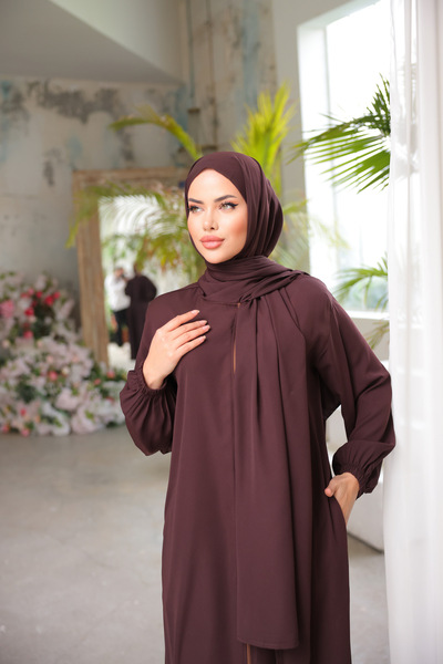 Nissra Ankanoor Bitter Brown Medina Μεταξωτό Φόρεμα Προσευχής με Σάλι Anka 255047