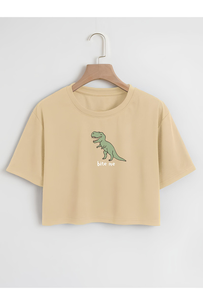 Ginevra Kadın Oversize Bisiklet Yaka Bite Me Baskılı Crop T-shirt