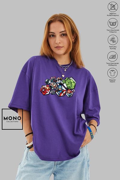 MONO COLLECTİON MONO COLLECTION Unisex Oversize Crew Neck Βαμβακερό κοντομάνικο μπλουζάκι με στάμπα χαρακτήρων Marvel