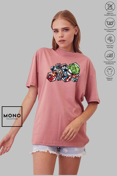 MONO COLLECTİON MONO COLLECTION Unisex Oversize Crew Neck Βαμβακερό κοντομάνικο μπλουζάκι με στάμπα χαρακτήρων Marvel