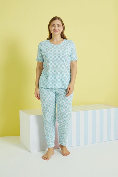 Siyah İnci Mint Green Multi-Colored Curve Large Size Oversize Knitted Pajama Set