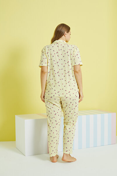 Siyah İnci multi-colored Knitted Curve Plus Size Oversize Buttoned Pajamas Set