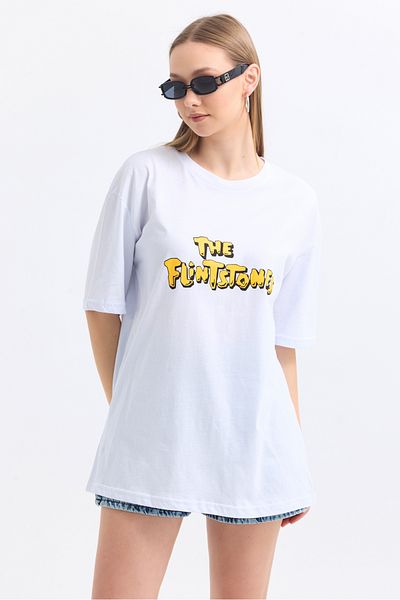 MD trend Women's Front and Back Flinstone Printed Cotton Oversize T-Shirt