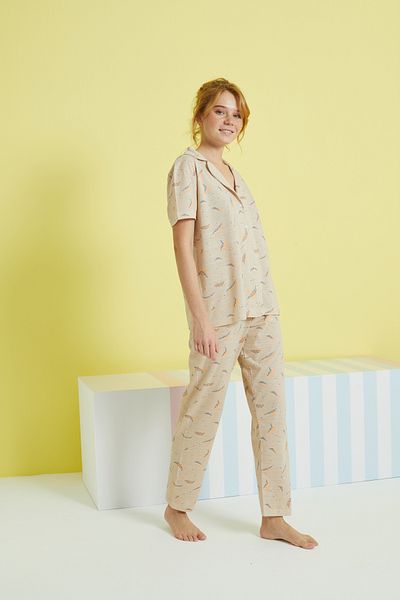Siyah İnci multi-colored Knitted Buttoned Pajamas Set