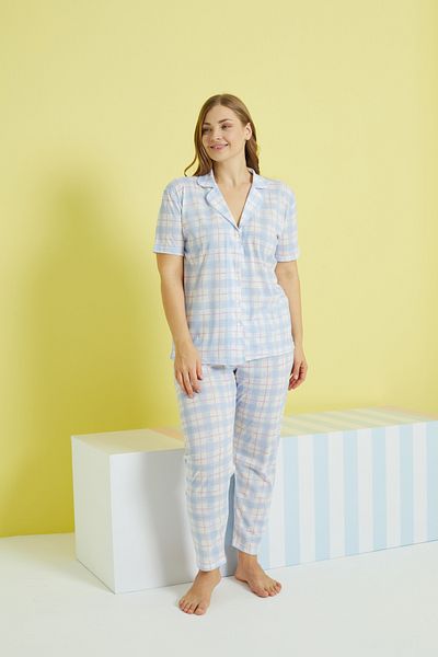Siyah İnci multi-colored Knitted Curve Plus Size Oversize Buttoned Pajamas Set