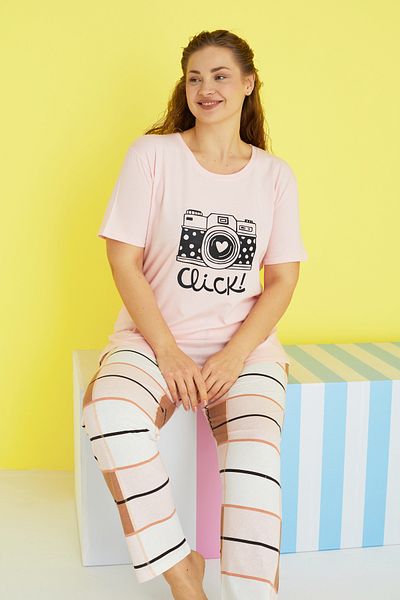 Siyah İnci multicolor Curve Plus Size Oversize Knitted Pajamas Set
