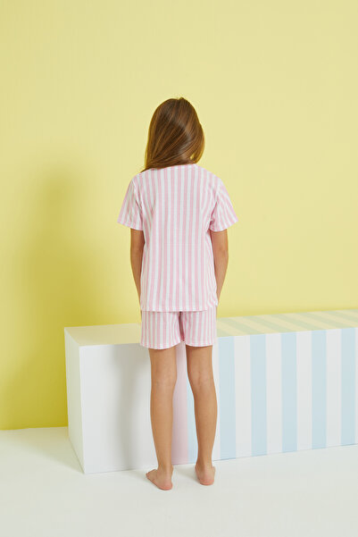 Siyah İnci pembe beyaz çizgili çok renkli Örme Şort Takım