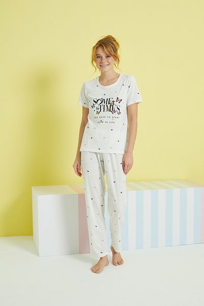 Siyah İnci Ecru Multicolor Knitted Pajama Set