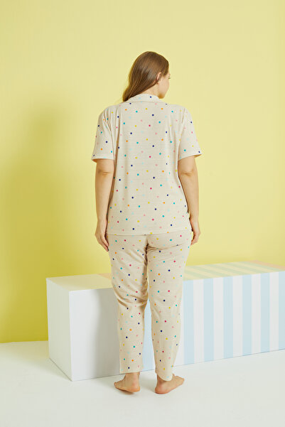 Siyah İnci multi-colored Knitted Curve Plus Size Oversize Buttoned Pajamas Set