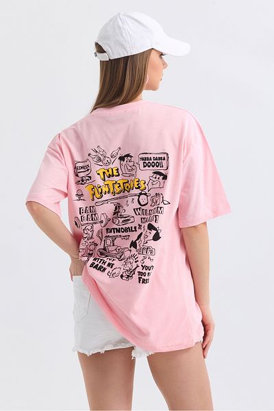 MD trend Tricou supradimensionat din bumbac imprimat Flinstone față și spate pentru femei