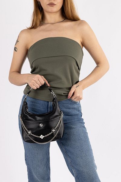 Getcho Tordena Black Women's Chain Detailed Shoulder Handle Women's Handbag Zippered Large Volume Daily Model