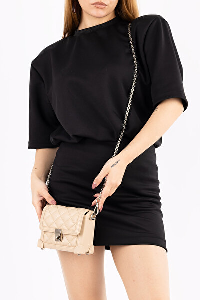 Getcho Merles Women's Beige Quilted Patterned Chain Strap Women's Shoulder Bag Small Size Pu Leather Cross Model