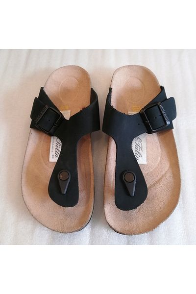 Butik Tülin جلد البقر الأصلي للجنسين باللون الأزرق الداكن - شبشب من جلد نوبوك وإبزيم ونعل من الفلين إيفا