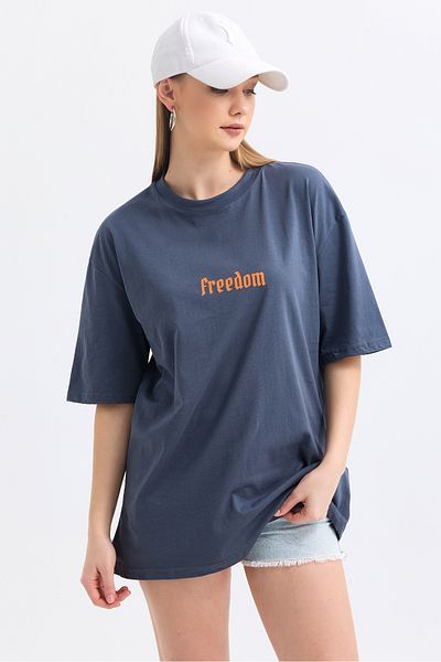 MD trend Women's Front And Back Freedom Butterfly Printed Cotton Oversize T-Shirt