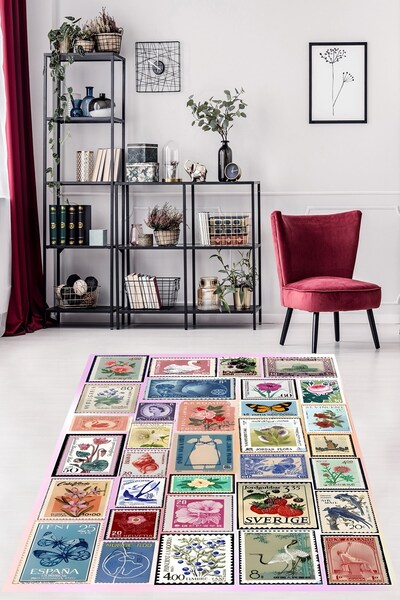 Pelangi Retro Pul Desen  Yıkanabilir Kaymaz Taban Leke Tutmaz Salon Halısı