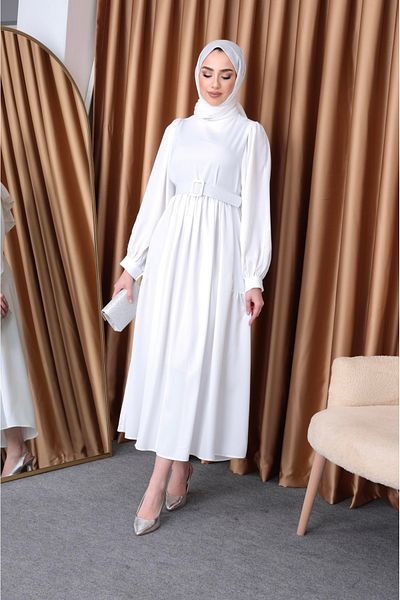Tesettür Diyarı Hijab Clothing Dubai Υφασμάτινο Φόρεμα-Λευκό