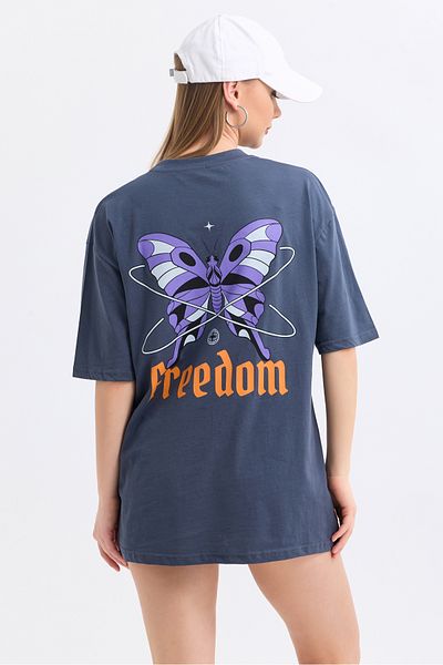 MD trend Women's Front And Back Freedom Butterfly Printed Cotton Oversize T-Shirt