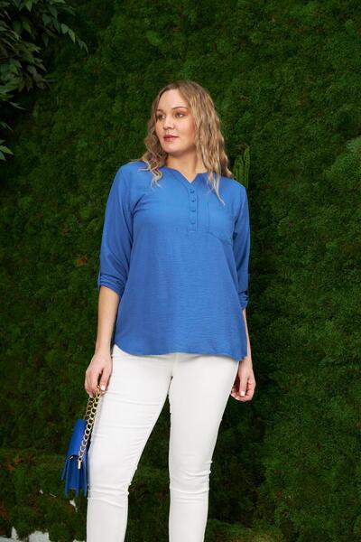 RMG Magnificent Collar Navy Blue Plus Size Blouse