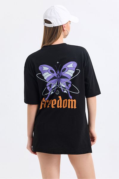 MD trend Tricou oversize din bumbac cu imprimeu cu fluturi Freedom față și spate pentru femei