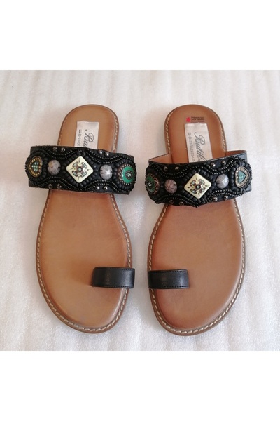 Butik Tülin Black Stoned Genuine Calf Leather for Women - Thin Hard Sole and ...