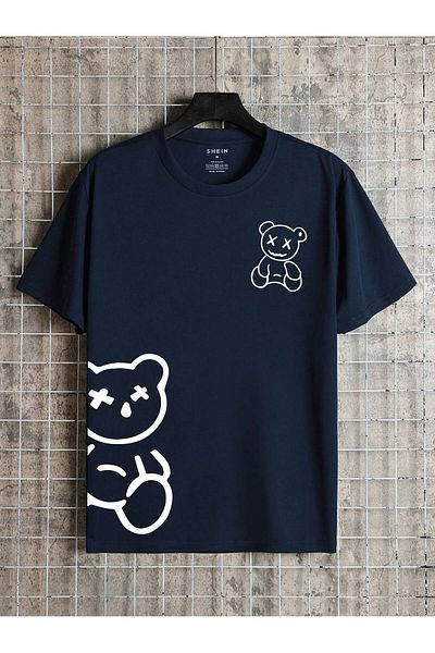 Revasser Unisex Γυναικείο/Ανδρικό αρκουδάκι πολύχρωμο, ειδικά εμπριμέ, βαμβακερό χτενισμένο μπλουζάκι με λαιμόκοψη