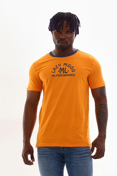 Mood Lab Men's Crew Neck Slogan Printed Contrast Piping T-shirt