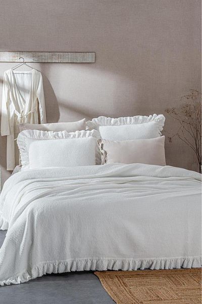 Ecocotton Dina Double Bed Cover 100% Organi k Cotton Pique Cream 240X260 Cm