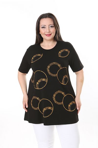 XL Modam WOMEN'S LARGE SIZE BLACK YELLOW RING PATTERNED STONE PRINTED TUNIC