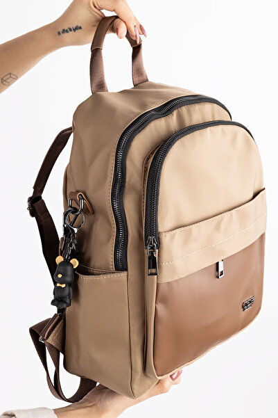 Getcho Tresse Women's Beige Camel Backpack, Shoulder Bag - Stylish Bag with Multi-Eye Zipper Suitable for Daily Use