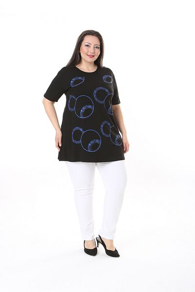 XL Modam WOMEN'S LARGE SIZE BLACK BLUE RING PATTERNED STONE PRINTED TUNIC