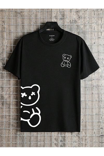 Revasser Unisex Γυναικείο/Ανδρικό αρκουδάκι πολύχρωμο, ειδικά εμπριμέ, βαμβακερό χτενισμένο μπλουζάκι με λαιμόκοψη