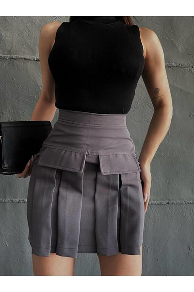 Eke Tekstil Women's Gray Cargo Pocket Detailed Pleated Mini Skirt