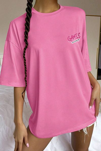 MODAGEN Tricou oversize cu imprimeu, unisex, roz, cu decolteu