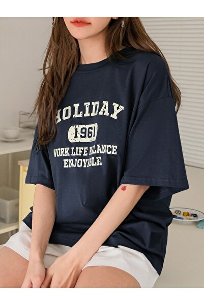 Revasser Unisex Kadın/Erkek HOLİDAY Renkli Özel Baskılı Oversize Pamuk Bisikl...