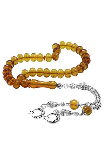 Tesbihane Non-Tarnish Metal Crescent Star Tasseled Wheel Cut Yellow Fire Amber Prayer Beads