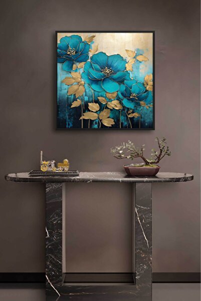 Voovart Siyah Metal Çerçeveli Turkuaz Çiçekler Duvar Tablosu - ART1058