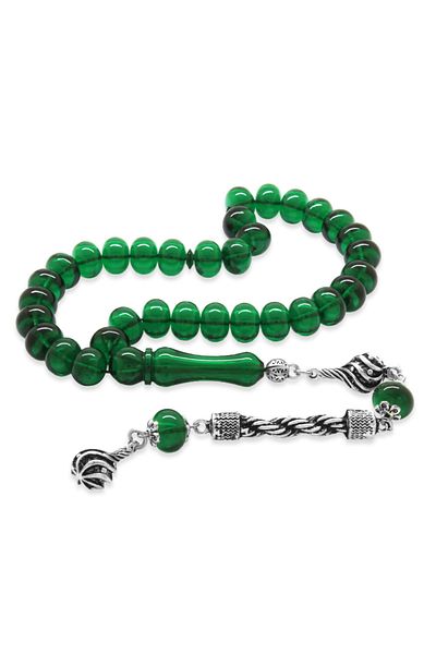 Tesbihane Tarnish Free Metal Rope Tufted Wheel Cut Emerald Green Fire Amber Prayer Beads