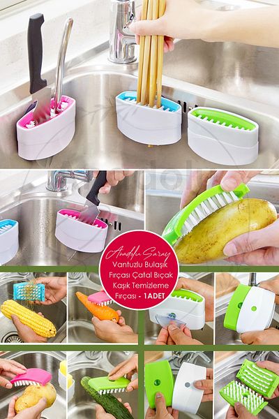 Anadolu Saray In the Sink Suction Cup Dish Brush Cutlery Spoon Cleaning Brush Vegetable Fruit Cleaner