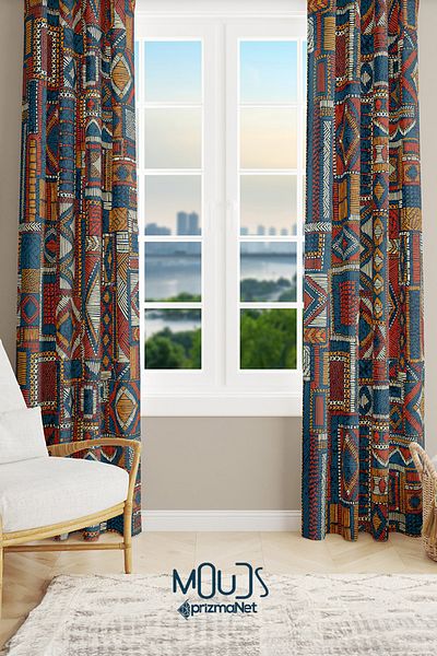Moud's Anatolia 6 Patterned Suede Living Room Hall Background Curtain Printed Extrafor Drawstring 2 Sash PRD-1014