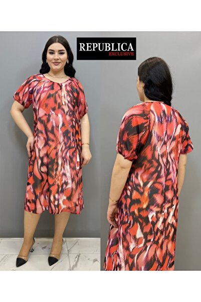 ASLNOVA Kısa Kollu Viskon-Polyester Büyük Beden Şifon Elbise