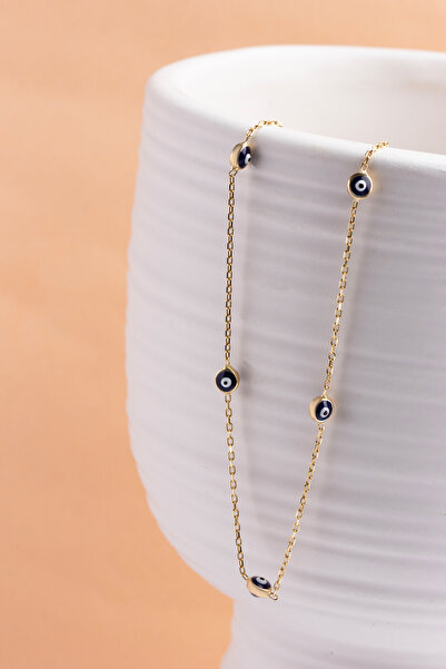 goldberia 14 Ayar Saf Altın Bişli Nazar Şans Kolyesi