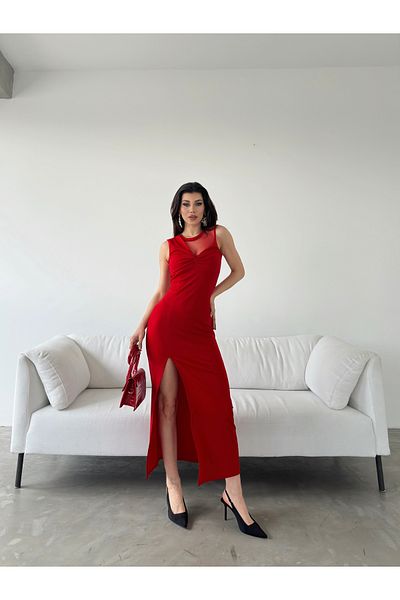 Fav Style Rochie de damă lungă, cu guler, cu fante fără mâneci, roșie