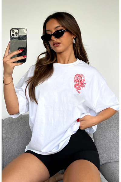 ciwi&life Μπλουζάκι Unisex White Oversize Red Dragon Boyfriend